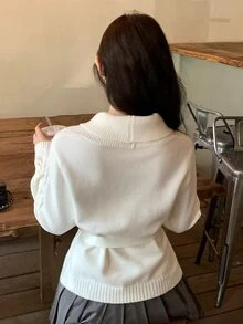 DAZY Women's Elegant Korean Style Long Sleeve Solid Color Cardigan, Autumn/Winter - White - View 2