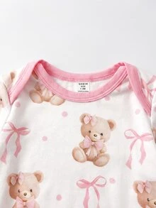 SHEIN 新生兒可愛卡通熊拼色連身衣居家服 - 粉色 - 查看 5