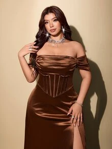 Viva Relle Chocolate Brown Satin Cold Shoulder Corset Maxi Dress Ruched Fold Bust Boned Waist Pleated A Line For Cocktail Formal Summer Elegant Sexy - Coffee Brown - View 3