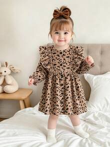 SHEIN Glamorique Kids 1件女嬰洋裝，春/秋休閒森系風格，適合幼兒與嬰兒 - 咖啡棕 - 查看 3