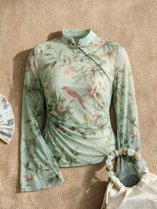 EastFlair Plus Size Women's Floral Print Frog Button Placket Long Sleeve Ruched Top - Multicolor - View 3