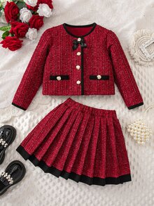 SHEIN 少女對比色長袖夾克與百褶迷你裙休閒套裝 - 彩色 - 查看 1