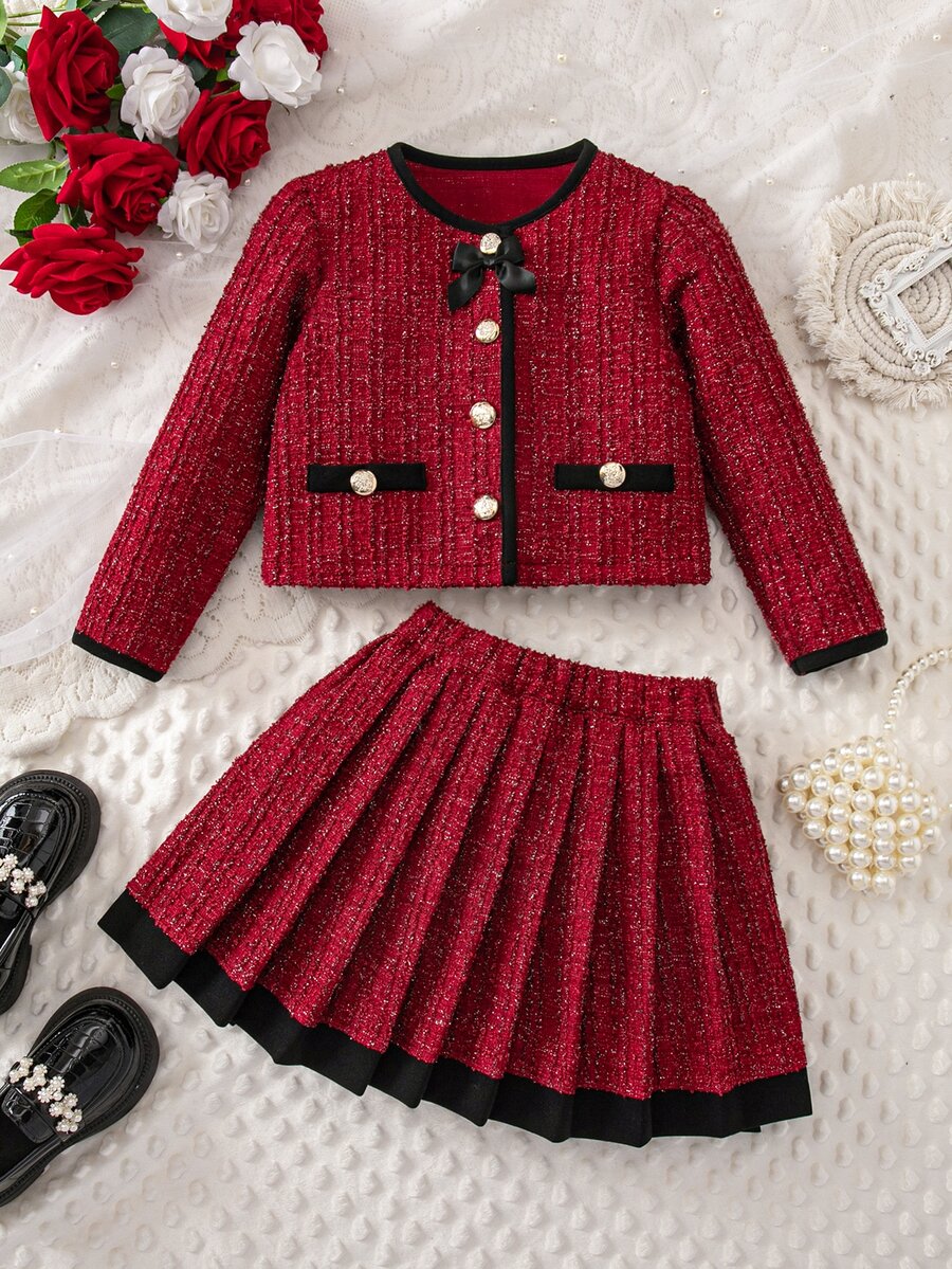 SHEIN 少女對比色長袖夾克與百褶迷你裙休閒套裝 - 彩色 - 查看 1