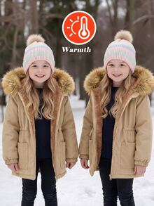 Baby Girl Plush Patchwork Thermal Lined Casual Versatile Long Sleeve Hooded Winter Jacket - Khaki - View 10