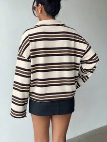 Aloruh 女款秋冬條紋 Polo 衫，復古 Y2K 風格休閒上衣，春季長袖秋季上衣 - 杏色 - 查看 2