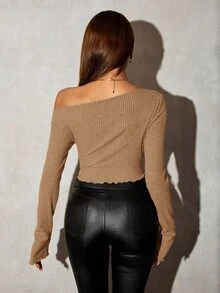 SHEIN SXY Grunge風不對稱領羅紋針織T恤，秋季女款外出上衣 - 卡其色 - 查看 2