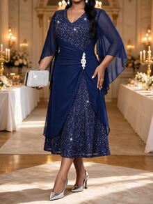 Fleurora Plus Size Elegant Sequin Pleated Rhinestone Embellished Dress Fall - Navy Blue - View 4