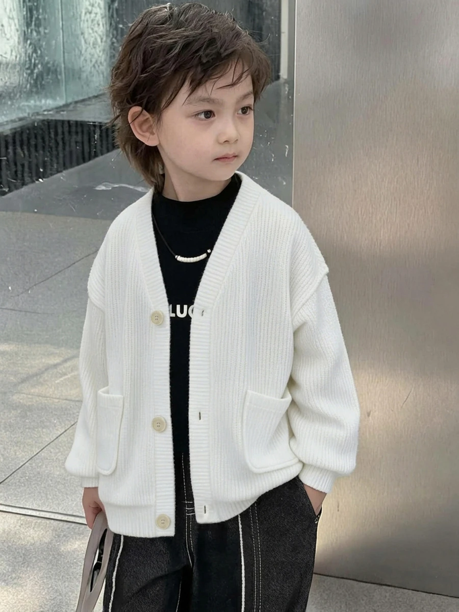 Dazy Kids 兒童秋季男童小號寬鬆休閒V領針織開襟外套，紋理面料 - 白色 - 查看 1