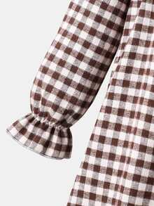 SHEIN Tween Girl Plaid Pleated Kids Casual Daily Summer Dress - Coffee Brown - View 5