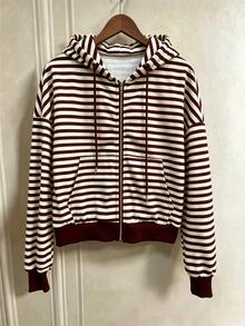 SHEIN x Carly Lawrence INAWLY 女款純色灰色抓絨連帽抽繩衛衣，長袖休閒上衣，秋季返校季畢業季教師衛衣 - 紅色 - 查看 3