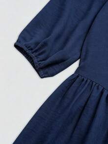 Linhara CURVE Plus Size V-Neck Casual Lantern Sleeve 3/4 Sleeve Button Front Umbrella Hem Ruched Dress - Blue - View 3