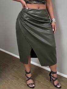 SHEIN CURVE+ Plus Size Women Solid Color PU Leather Fashion Versatile Daily Wear Skirt - Army Green - View 7
