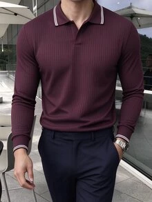 JOLTRO 男士條紋長袖休閒通勤 Polo 衫 - 酒紅色 - 查看 4
