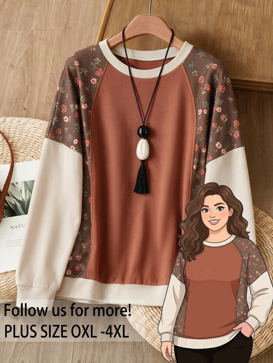 Rusticease Plus Size Brown Round Neck Half Sleeve Sweatshirt Casual Streetwear Summer 2026 Thanksgiving Vacation Beach - Brown - View 1