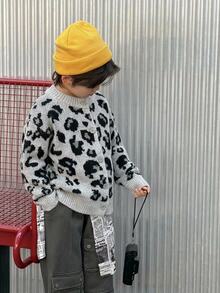DAZY Young Boy Autumn/Winter Leopard Print Long Sleeve Knitted Cardigan - Dark Grey - View 3