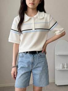 DAZY Basic Style Collared Striped Contrast Color Short Sleeve Top Girls (Large) T-Shirt - Beige - View 4