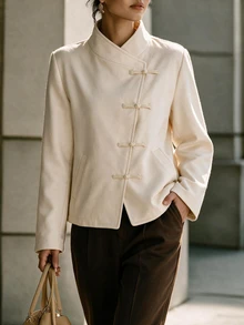 Louniche Baju Kasual Wanita Musim Gugur/Dingin, Warna Polos, Plaket Asimetris dengan Desain Kancing Katak, Cocok untuk Bepergian, Kantor, Kasual Sehari-hari, Belanja, Kencan, Bahan Wol - Aprikot - View 3