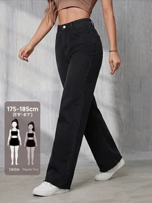 SHEIN Tall 女款直筒牛仔褲，斜口袋設計，適合高個女性 - 黑色 - 查看 1