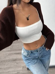 SHEIN EZwear 女款蓬鬆純色簡約休閒開襟衫，長袖上衣，秋冬日常深棕色 - 咖啡棕 - 查看 4