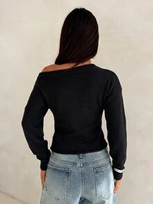Aloruh 女款秋冬露肩修身花卉灰色長袖針織衫 - 黑色 - 查看 2