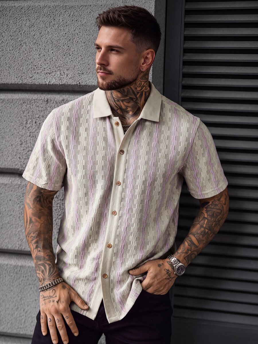 Manfinity CasualCool Men's Contrast Color Front Button Short Sleeve Pink And White Striped Shirt Vacation Summer Casual Tropical - Beige - View 1