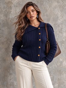Ceyna Plus Size Women's Fashionable Lapel Ribbed Vintage Navy Blue Cardigan Sweater Casual Daily Autumn/Winter Outerwear Commute Versatile - Navy Blue - View 6