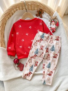 SHEIN Playful Pals 女嬰聖誕兩件套休閒套裝，可愛卡通馴鹿圖案紅色運動衫搭配聖誕樹印花長褲，節日休閒套裝 - 紅色 - 查看 2