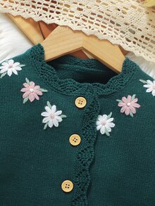 Souflis Souflis 女嬰花卉刺繡針織開襟毛衣，柔軟舒適鈕扣前開，蕾絲飾邊，甜美復古風幼兒秋冬款 - 墨綠色 - 查看 7