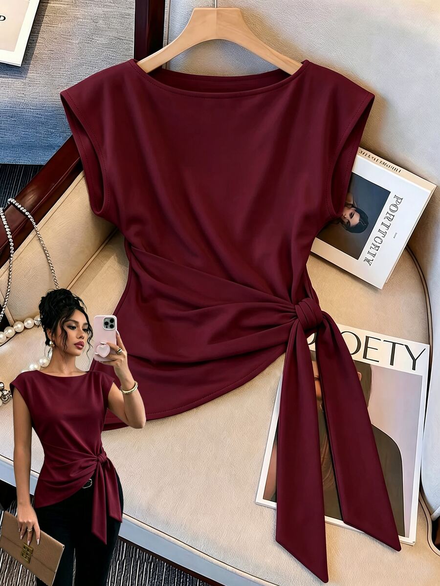 Resyla Women's Solid Color Pleated Casual Versatile Daily Wear Top - Burgundy - View 1