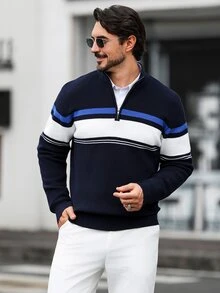 Marcello Vane 男士秋冬條紋半拉鍊長袖休閒毛衣 - 彩色 - 查看 4