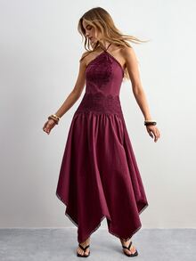 Willow Rêve Women's Embroidered Lace Halter Neck Asymmetrical Hem Dress - Red Plum - View 3