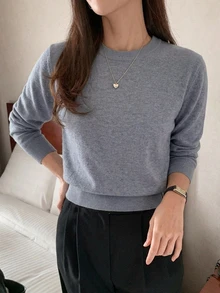 DAZY 女款圓領寬鬆基礎針織毛衣，長袖上衣，秋季服飾 - 灰色 - 查看 8