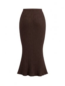 SHEIN Clasi Cross V-Neck Sweater And Mermaid Knit Skirt Set - Coffee Brown - View 5