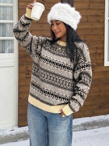 SHEIN EZwear 女款冬季毛衣，復古圖案費爾島圓領長袖，聖誕新年造型 - 杏色 - 查看 7