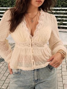 GalTyme Plus Size Sweet French Lace Button Shirt - Beige - View 1