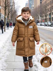 Young Boy Patch Thermal Lined Casual Versatile Winter Hooded Padded Coat - Brown - View 1