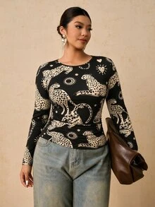 Travachic 大尺碼女款性感豹紋黑色長袖圓領內搭衫，腰部抓皺收腹T恤，休閒時尚寬鬆修身秋季上衣 - 彩色 - 查看 5