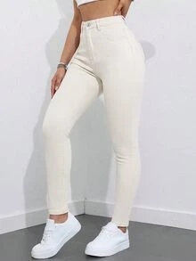 SHEIN ICON 大尺碼女款街頭休閒彈性舒適深藍色牛仔緊身牛仔褲 - 米色 - 查看 5