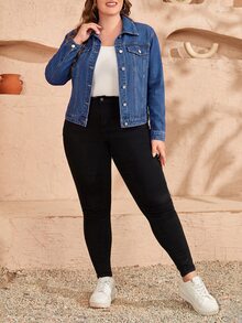 EMERY ROSE Plus Size Street Style Button Long Sleeve Fashion Denim Jacket - Light Wash - View 4