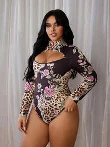 Rustia Plus Size Printed Leopard Print Long Sleeve Cut Out Chest Hollow Waist Bodysuit - Multicolor - View 4