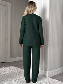 SHEIN Women Rooted In Him Floral Slogan Crew Neck Long Sleeve Soft Ribbed Top And Matching Pants Casual Relaxed Fit 2 Pieces Pajama Set - Dark Green - View 2