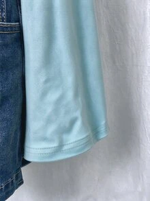 Elamini Autumn Fashion Solid Color Bell Sleeve Ruched Waist T-Shirt - Mint Blue - View 4