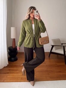 Vionelle Plus Size Vintage Lace-Up Long Sleeve Knit Cardigan - Green - View 5