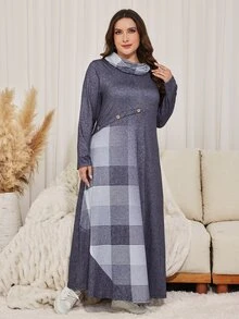 Lacomfia Women's Elegant Ruched Neck Patchwork Floral & Plaid Print A-Line Plus Size Long Sleeve Casual Dress - Grey - View 6