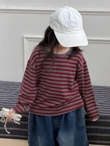 Dazy Kids (فتاة صغيرة) تي شيرت كاجوال بياقة دائرية مخططة للخريف/الشتاء، ملابس علوية أساسية للطبقات - قهوة بني - مشاهدة 1
