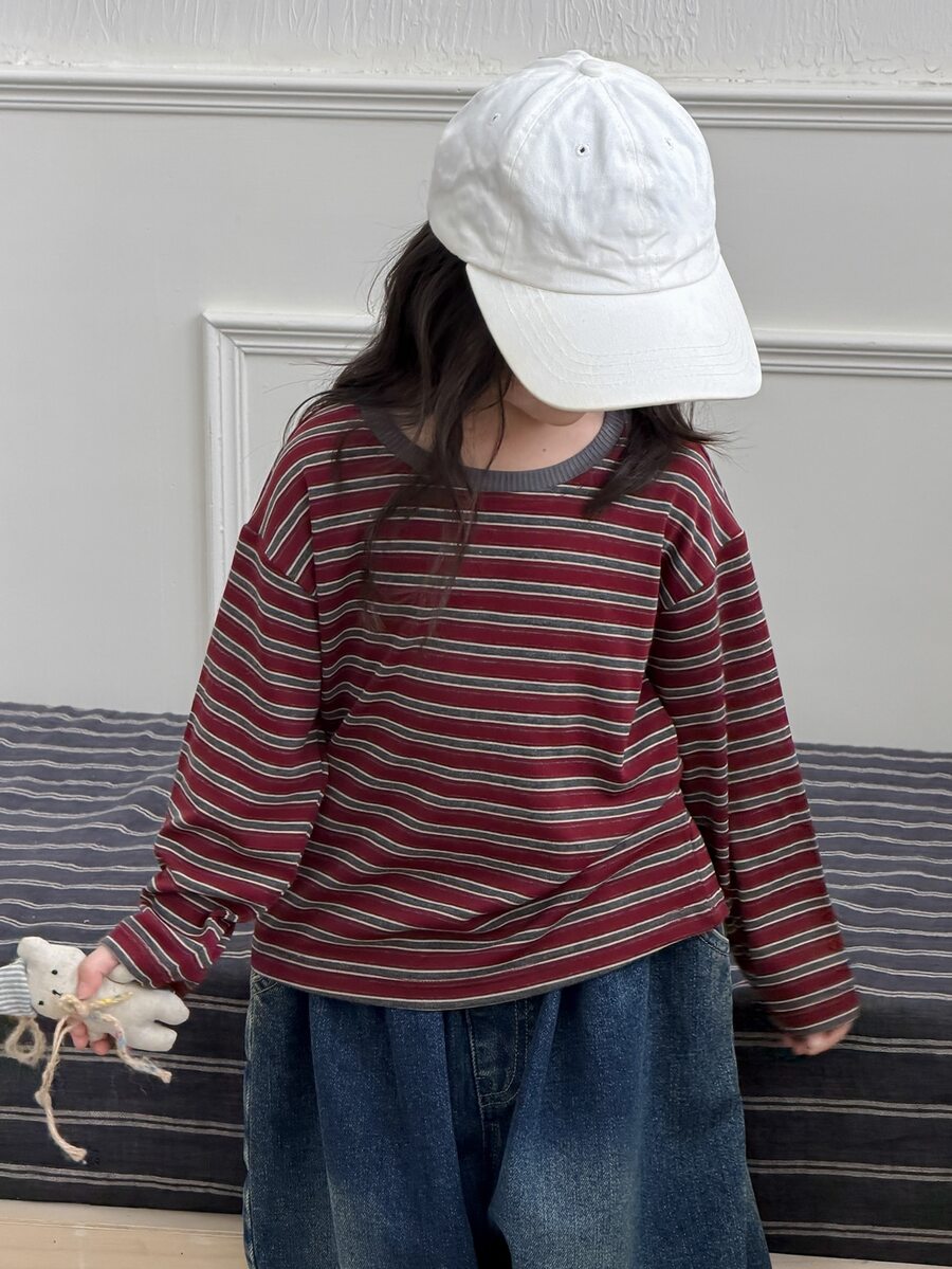 Dazy Kids (فتاة صغيرة) تي شيرت كاجوال بياقة دائرية مخططة للخريف/الشتاء، ملابس علوية أساسية للطبقات - قهوة بني - مشاهدة 1