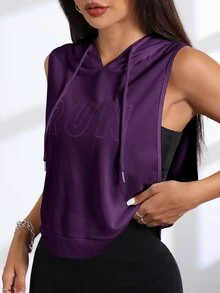 Eassivo Eassivo 字母刺繡無袖抽繩連帽運動衛衣 - Bold Plum - 查看 4