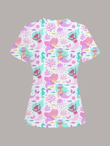 PopScrub 女款刷手服上衣，美人魚海洋可愛V領短袖上衣 - 彩色 - 查看 2