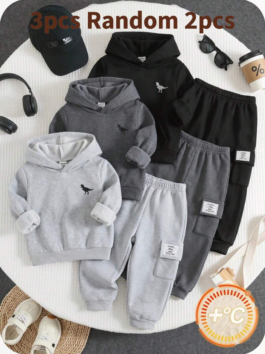 SHEIN 2pcs/Pack Celana Olahraga Bayi Laki-laki dengan Kantong Kargo dan Manset, Bahan Fleece Tebal, Celana Olahraga Musim Dingin - Grey - View 1