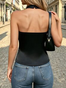 Cévolie Fashion Party Slim Fit Sexy Draped Neck Cowl Neck Pleated Lace Trim Patchwork Backless Sleeveless Tank Top - Black - View 3